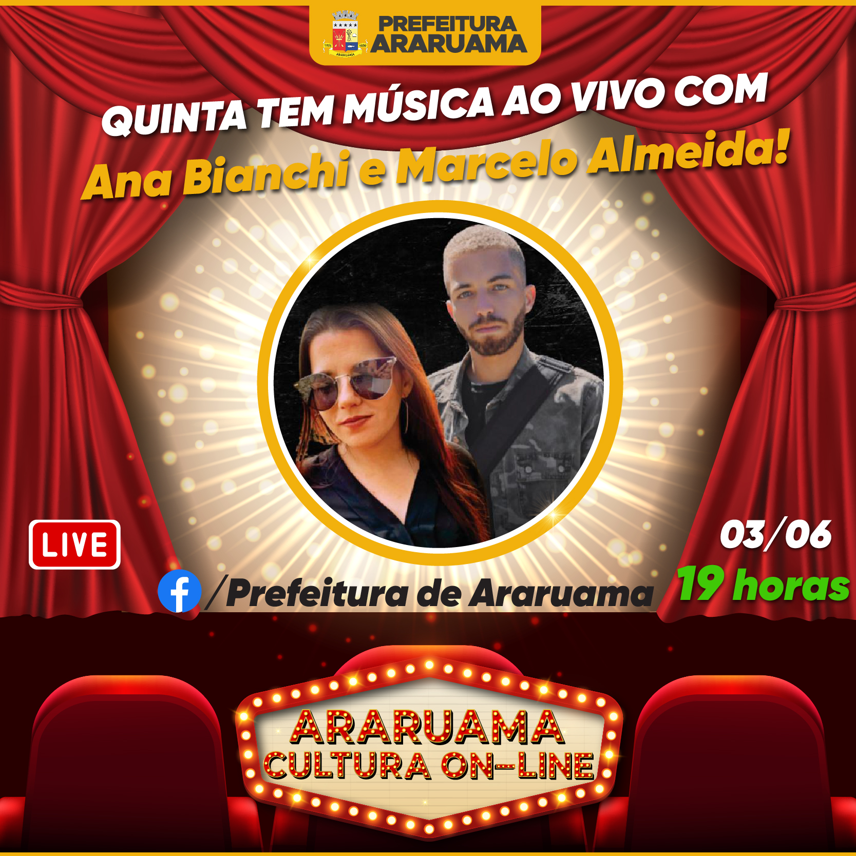 Ana Bianchi e Marcelo Almeida, no violão, vão se apresentar no “Araruama Cultura On-line, nessa quinta-feira