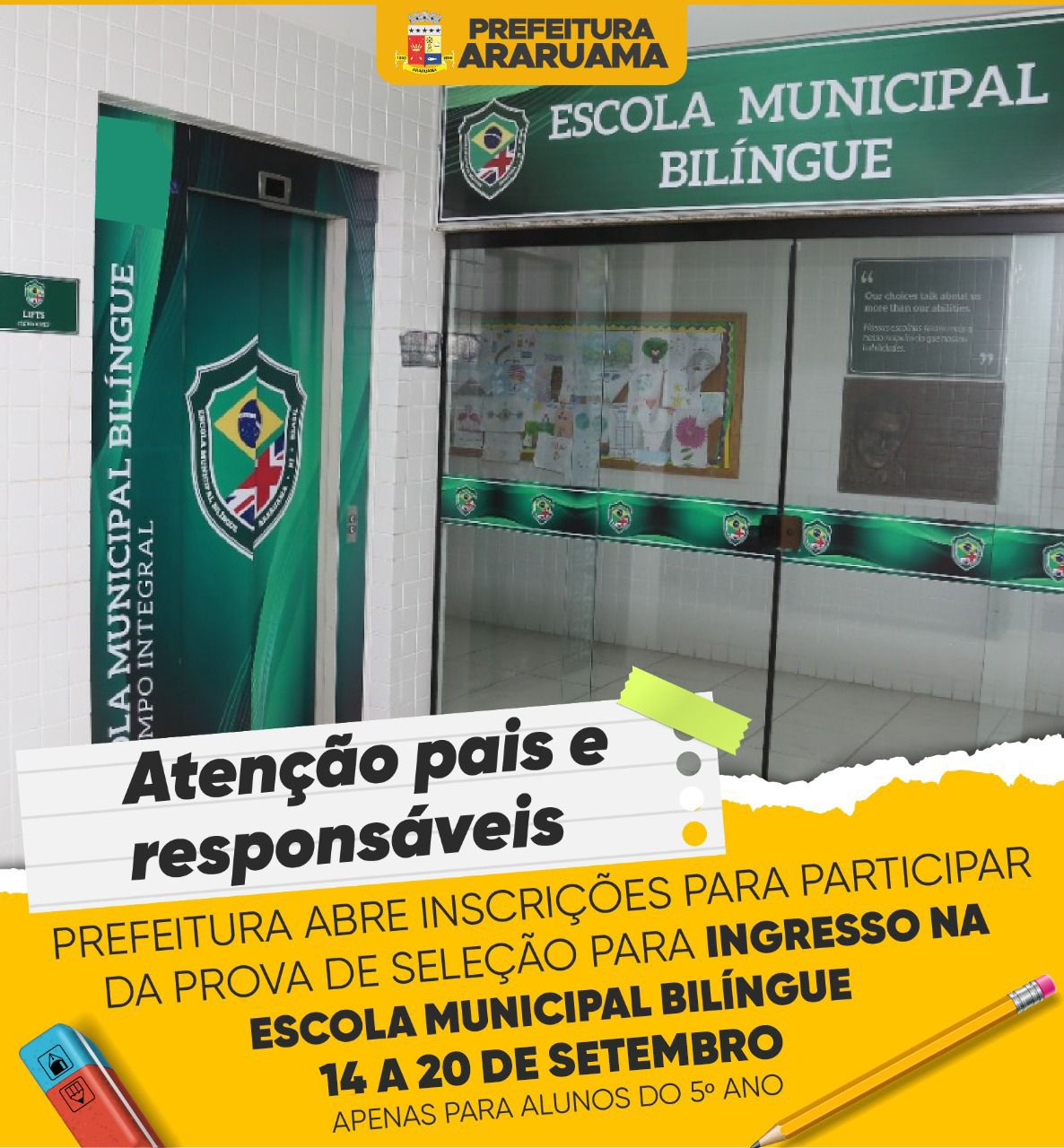 Prefeitura de Araruama abre inscrições para o sexto ano do Ensino Fundamental da Escola Municipal Bilíngue Antônio Luiz Pedrosa