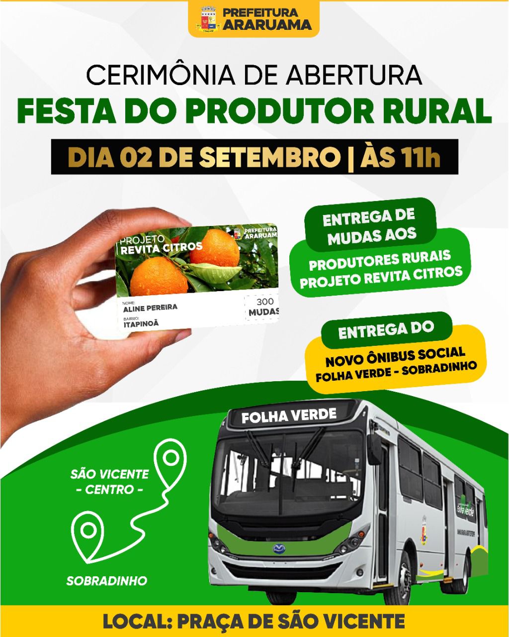 Cerimônia de abertura da 2ª Festa do Produtor Rural será marcada pela entrega de um ônibus social e mudas de citros a pequenos agricultores